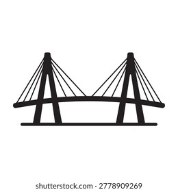 A sleek, minimalist illustration of a cable-stayed bridge featuring bold black lines against a plain white background. The bridge showcases symmetrical towers connected by diagonal cables supporting a.
