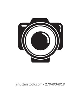 A sleek, minimalist illustration of a camera featuring a prominent lens with a circular focal point. The design is monochromatic with bold black outlines and shading, giving it a modern and clean aest.