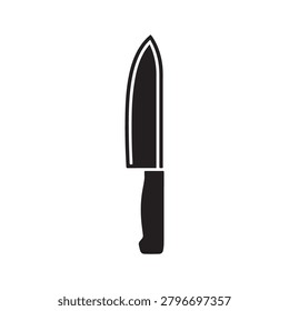 A sleek, minimalist illustration featuring a chef's knife with a sharp, pointed blade and a thick handle, rendered in solid black against a plain white background. The design emphasizes clean lines an.
