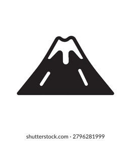 A sleek, minimalist illustration of a stylized volcano mountain featuring a dark silhouette base with white snow accents on its slopes and steam or smoke rising from its peak. The design uses bold, co.