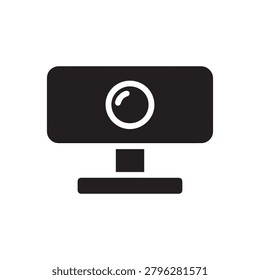 A sleek, minimalist illustration of a webcam mounted on a small stand with an integrated microphone below it. The design features a black rectangular screen with a circular lens and a subtle gradient .