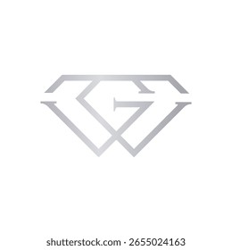  Ein schlankes, minimalistisches Logo mit verflochtenen Buchstaben "W" und "G", die die Form eines Diamanten bilden, präsentiert in einem metallischen Silberton