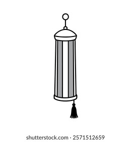 A sleek and minimalist long cylindrical lantern featuring a tassel at the bottom, designed in clean black line art. Perfect for creative projects, festival designs, traditional decor concepts.