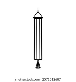 A sleek and minimalist long cylindrical lantern featuring a tassel at the bottom, designed in clean black line art. Perfect for creative projects, festival designs, traditional decor concepts.