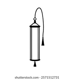 A sleek and minimalist long cylindrical lantern featuring a tassel at the bottom, designed in clean black line art. Perfect for creative projects, festival designs, traditional decor concepts.