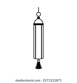 A sleek and minimalist long cylindrical lantern featuring a tassel at the bottom, designed in clean black line art. Perfect for creative projects, festival designs, traditional decor concepts.