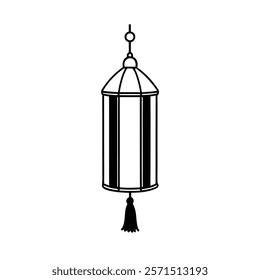 A sleek and minimalist long cylindrical lantern featuring a tassel at the bottom, designed in clean black line art. Perfect for creative projects, festival designs, traditional decor concepts.