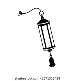 A sleek and minimalist long cylindrical lantern featuring a tassel at the bottom, designed in clean black line art. Perfect for creative projects, festival designs, traditional decor concepts.