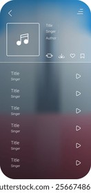 A sleek and minimalist music player app interface featuring a track display with song details, playback controls, and a vertical playlist layout