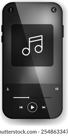 A sleek and minimalist music player interface featuring a dark background, music note icon, and intuitive playback controls.