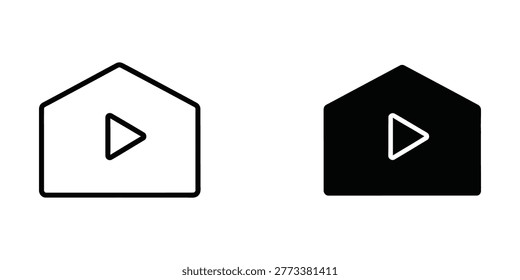 A sleek and minimalist play button symbol placed inside a simple house-shaped outline, perfect for media, apps, or presentations with a clean design aesthetic.