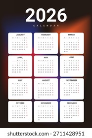 Plantilla de Vertical elegante, minimalista y diseñada profesionalmente con la cuadrícula de calendario anual completa de 2026 con los 12 meses para una fácil organización y planificación.