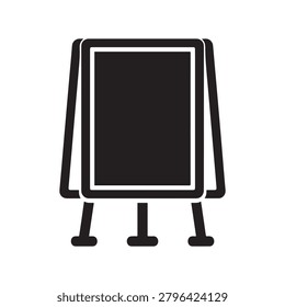 A sleek, minimalist projector screen mounted on a sturdy three-legged stand. The screen is black with a white border, and the stand has a simple, clean design. The image is rendered in a flat, monochr.