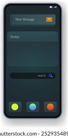 Uma interface de usuário de smartphone elegante e minimalista que exibe recursos importantes como novas mensagens, notas e uma barra de pesquisa.