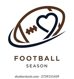 A sleek, minimalist vector illustration combining a football and a heart symbol with flowing lines, perfect for modern sports-themed designs.
