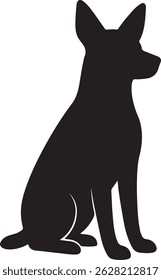 A sleek, minimalist vector illustration features a black silhouette of a sitting dog, 