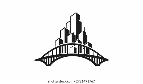 A sleek, minimalist vector illustration of a modern city skyline nestled atop a stylized bridge. The monochrome design emphasizes the architectural harmony between the urban landscape and