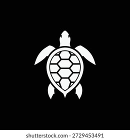 Sleek minimalist vector logo featuring a powerful geometric tortoise with a bold hexagonal shell pattern, sharp angular flippers, and distinctive head silhouette in crisp white on deep black background. Perfect for premium slow-living wellness brands, luxury eco-tourism agencies, sustainable finance platforms, high-end longevity supplements, or modern mindfulness studios seeking a strong, timeless, and sophisticated emblem that symbolizes endurance, stability, protection, and calm wisdom.