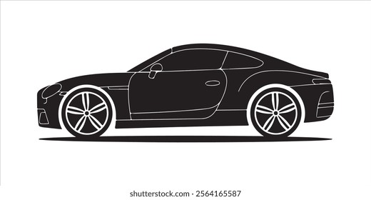 A sleek, minimalistic silhouette of a modern car in solid black. The car has a sporty design with a sloped roofline, distinct wheels with stylized rims, and sharp contours. The image is set against a 