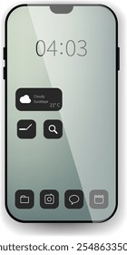 Um design elegante e minimalista da tela inicial do smartphone com um widget meteorológico, ícones funcionais e um fundo limpo.