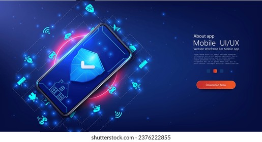 Sleek Mobile Interface Design with Glowing Digital Icons on a Deep Blue Background for Advanced User Experience. Development smart home and IOT system. Home protection in phone. Vector