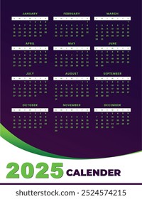 Um calendário de uma página 2025 elegante e moderno em formato EPS, com um layout limpo perfeito para planejadores, escritórios e uso pessoal. Ideal para impressão e aplicativos digitais