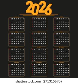 A sleek and modern 2026 calendar vector designed with a dark background