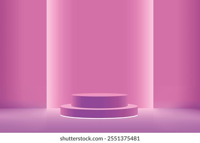 Escenario o podio 3D elegante y moderno ambientado en un ambiente rosa vibrante. Pedestal y plataforma para la presentación del producto