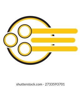 Eine elegante, moderne abstrakte Grafik zeigt einen markanten gelb-schwarzen Kreis. Im Inneren verbinden sich drei kleinere weiße Kreise mit parallelen, gelben, abgerundeten Balken, die sich nach rechts erstrecken. Ideal für saubere Benutzeroberflächenelemente, Menüs oder schrittweise Prozesse.