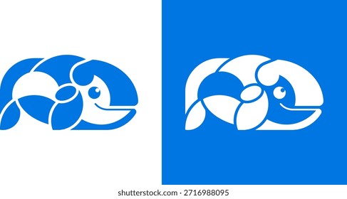 Un diseño de logotipo de concepto de ballena abstracto elegante y moderno, presentado en azul sobre blanco y blanco sobre azul, que encarna la gracia acuática y la simplicidad para la marca y el uso digital