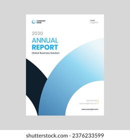 Sleek and modern annual report cover page design template for a company booklet, featuring a captivating circle with a gradient blue accent. Ideal for presenting your company's accomplishments.