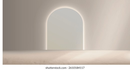 Sleek modern arch mirror vector with illuminated LED frame on beige wall background. Perfect for interior design projects, home decor visuals, and minimalist lifestyle branding. Realistic 3D vector