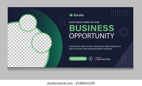 A sleek and modern banner design highlighting business opportunities, with placeholders for text, contact details, and branding elements.