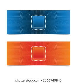 Sleek and modern banner designs featuring abstract circuit board patterns in blue and orange color schemes. Perfect for tech-related businesses and websites.