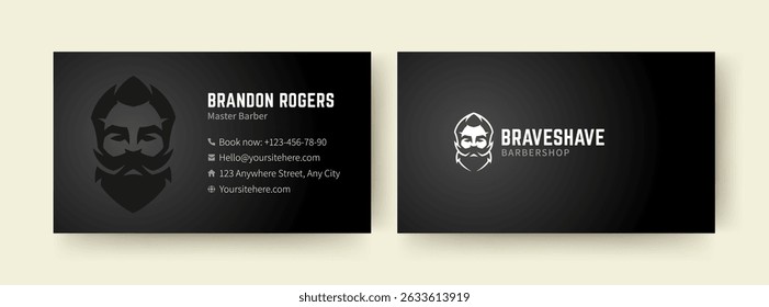 A sleek, modern barber black business card template featuring a bold logo design and essential contact information. Perfect for barbershop branding, business promotion, and print materials