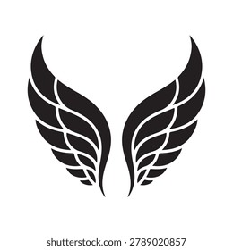A sleek and modern black vector illustration of stylized wings featuring intricate feather detailing. The wings are symmetrical, with a clean and bold outline, ideal for use in branding, logos, or artistic projects. The minimalist design emphasizes texture and form without additional background elements, making it versatile for various applications.