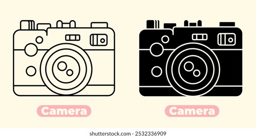Ícone de câmera elegante e moderno, perfeito para fotografia, mídia e projetos de design criativo. Esta ilustração vetorial minimalista captura a essência de uma câmera clássica.