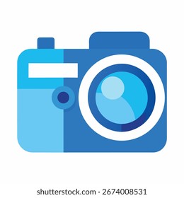 Un ícono de cámara elegante y moderno en tonos de azul con acentos blancos, que representa la Fotografía y la creación visual. Perfecto para temas de tecnología e industria creativa.