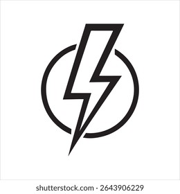 A sleek and modern circular thunderbolt logo designed in a minimalist style. Featuring a clean white lightning bolt inside a smooth circular frame on a deep black background, this vector icon symboliz
