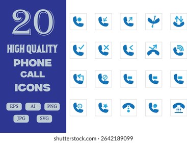 A sleek and modern collection of 20 high-quality phone call icons, covering call actions, status indicators, and communication symbols. Ideal for mobile apps, contact pages, and communication tools.