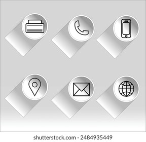 Iconos de contacto elegantes y modernos con efecto de sombra. Ideal para Sitios web, tarjetas de visita y materiales de comunicación. Cuenta con teléfono, correo electrónico, ubicación y símbolos de Internet.