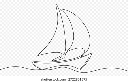 Una ilustración de línea continua elegante y moderna de un velero flotando en una suave ola, perfecta para una decoración minimalista o una marca de temática náutica.