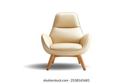 Uma poltrona 3D creme elegante e moderno com curvas suaves e pernas de madeira, situado contra um fundo branco, ideal para visuais de design interior minimalista ou contemporâneo. Ilustração vetorial