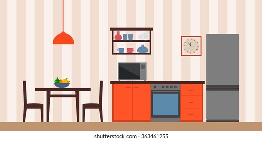 Sleek modern design kitchen with a refrigerator and a table with chairs. Vector