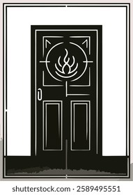 A sleek and modern digital illustration of a mystical door featuring a circular emblem with a sacred flame symbol. The monochrome design and geometric symmetry create an air of mystery, spirituality