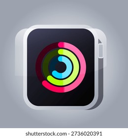 A sleek and modern digital illustration showcasing stylized fitness activity rings in vibrant pink, green, and blue. The rings are presented on a deep charcoal smartwatch interface, creating a high-contrast, motivational visual. The clean lines and subtle 3D depth effect evoke a sense of high-tech wellness, precision tracking, and contemporary health-focused design.