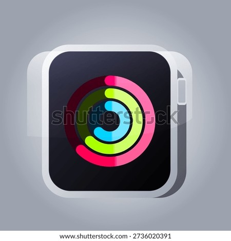 A sleek and modern digital illustration showcasing stylized fitness activity rings in vibrant pink, green, and blue. The rings are presented on a deep charcoal smartwatch interface, creating a high-contrast, motivational visual. The clean lines and subtle 3D depth effect evoke a sense of high-tech wellness, precision tracking, and contemporary health-focused design.