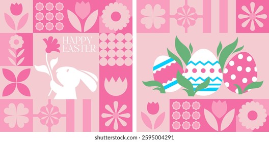 A sleek and modern Easter-themed horizontal banner featuring rabbits, flowers, and decorative eggs in a geometric patchwork layout. Great for festive design projects.