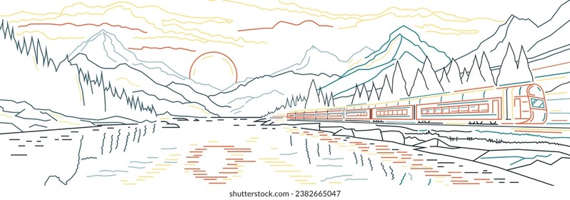 Der schmale, moderne Elektrozug gleitet bei Sonnenuntergang durch eine atemberaubende Berglandschaft. Langsames Reisen, zukünftiges Verkehrskonzept. Bearbeitbare Illustration in einem Konturstil. Horizontaler Hintergrund