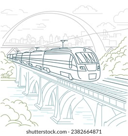 Sleek, modern electric train traverses a bridge that spans a wide, glistening river. Slow travel, future transportation concept. Editable illustration in a simle outline style. Horizontal background